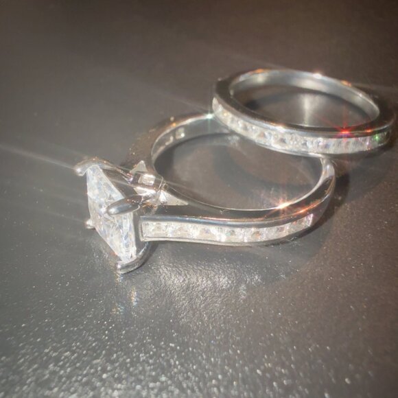 2 PC Wedding Set With Princess Cut CZ Engagement & Eternity Band Ring In Sterlin - Picture 8 of 8